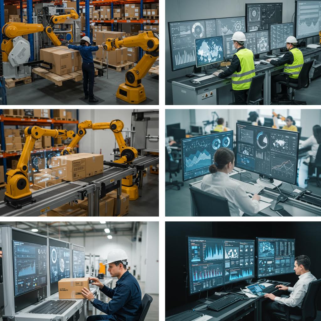 스마트 공장에서 로봇과 작업자가 협업하며 자동화 생산 라인을 점검하는 산업 운영 현장의 구도
