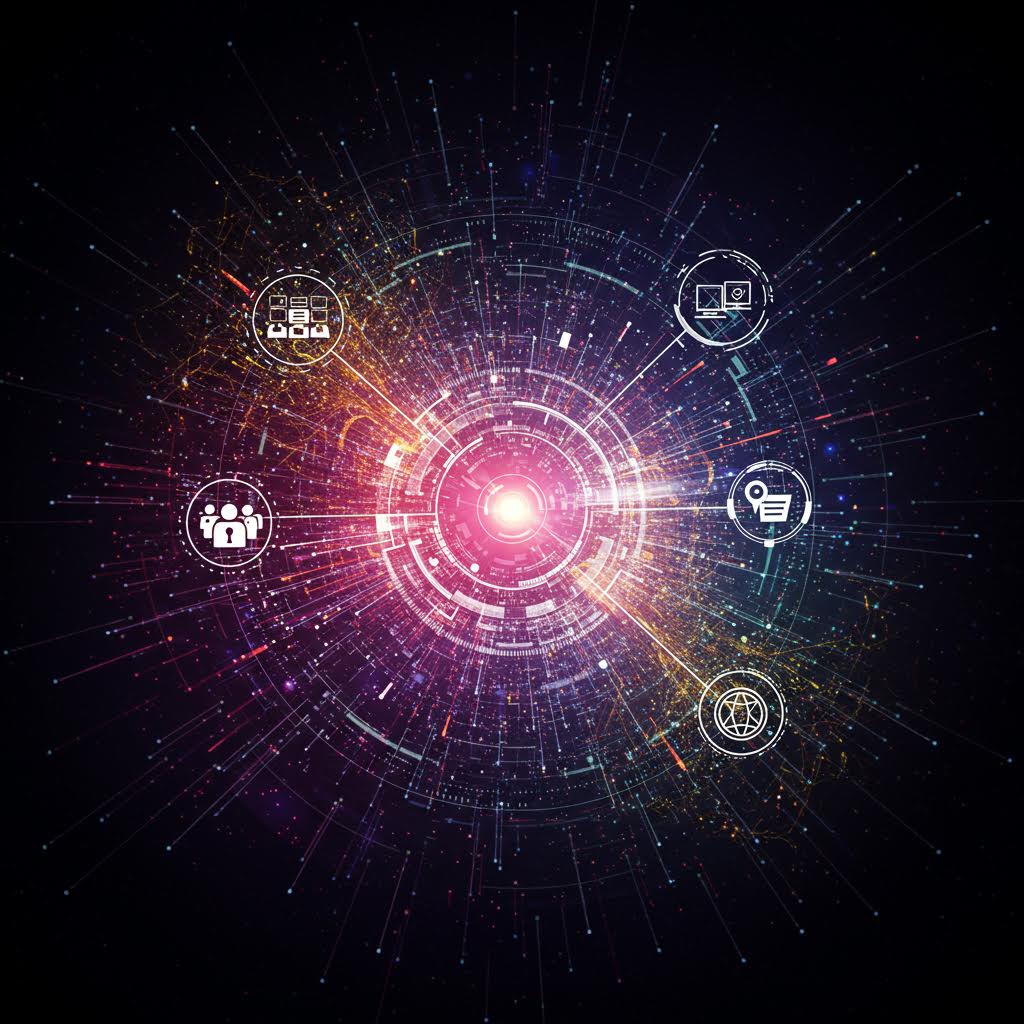 중심에서 퍼져나가는 빛과 아이콘이 연결되며 디지털 혁신의 새로운 패러다임을 표현한 시각적 장면