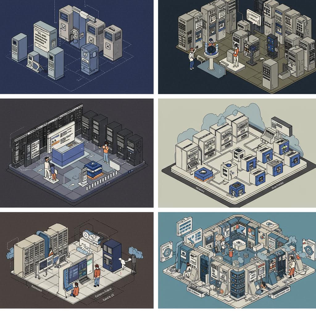 서버와 데이터 센터가 단계별로 구성된 일러스트 속에서 클라우드 아키텍처의 진화 과정을 시각화한 구조적 장면