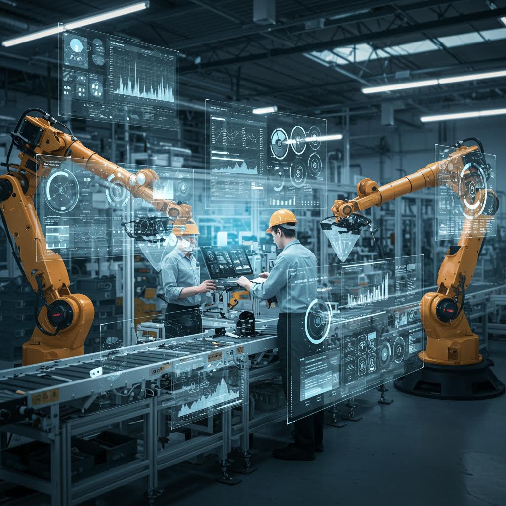 공장에서 로봇 팔과 작업자가 협력하며 생산 라인의 혁신을 실현하는 자동화 시스템 장면