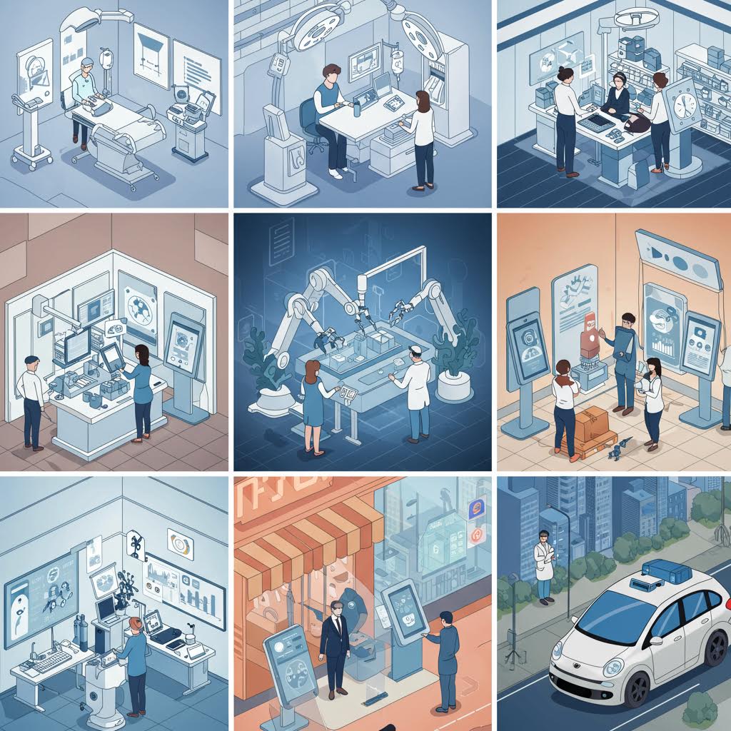 산업 현장의 다양한 자동화 기술이 일러스트로 표현되어 스마트 팩토리의 일상적인 적용 과정을 보여주는 구성