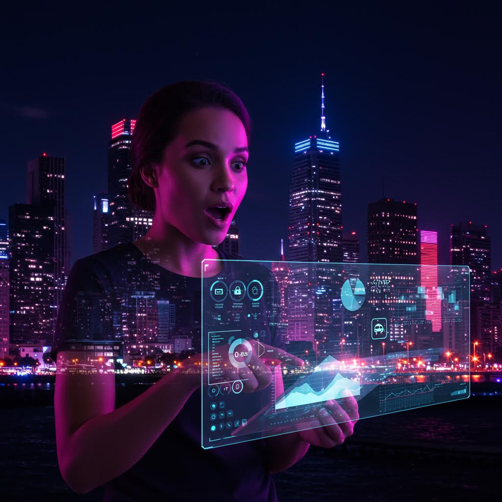 야경 속 홀로그램 패널을 조작하는 여성이 데이터 중심 사회의 사용자 경험을 상징하는 장면