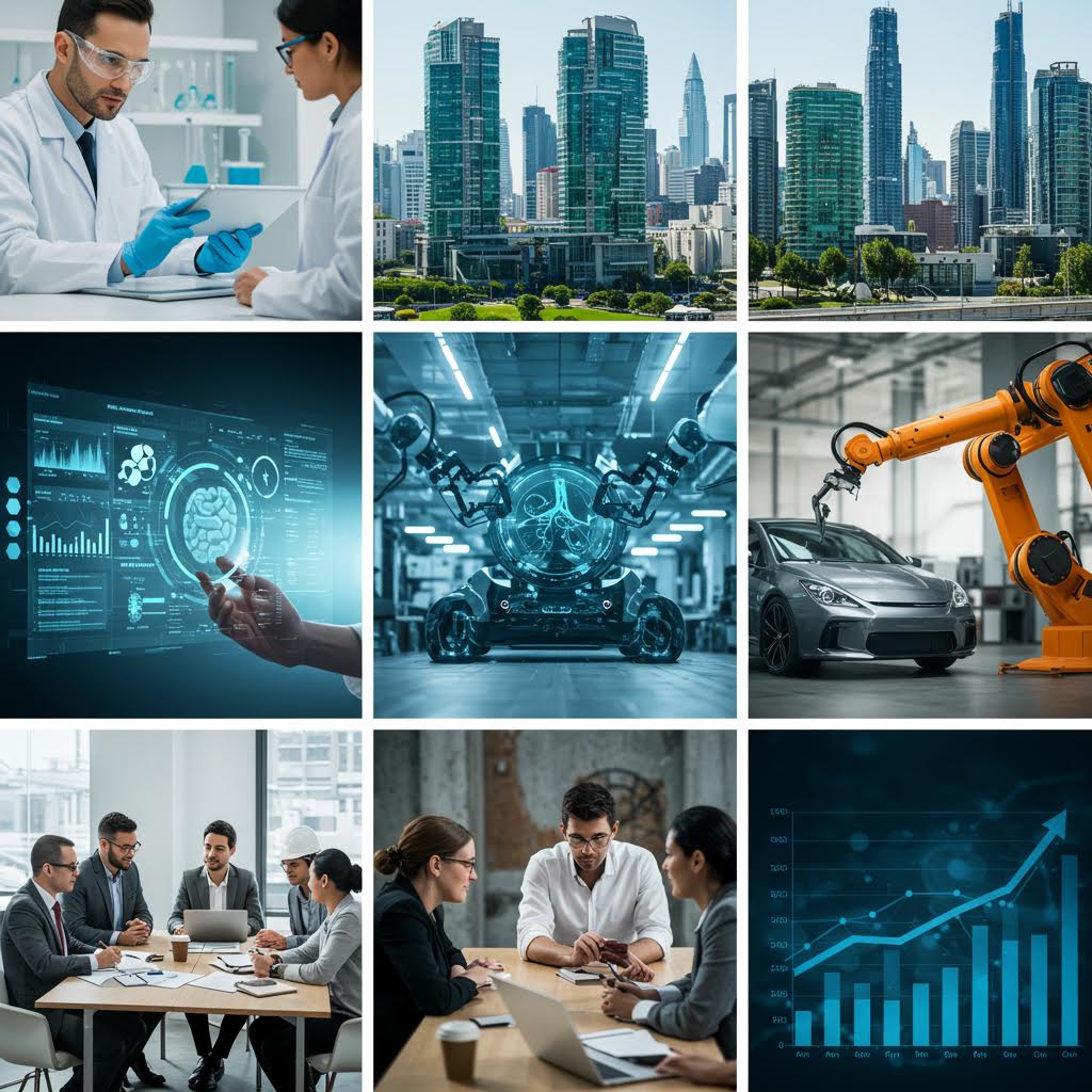 연구원, 도시 풍경, 로봇, 회의 장면이 모자이크처럼 배치된 산업 혁신 트렌드 분석의 다양한 모습