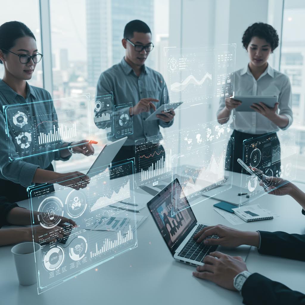 회의실에서 전문가들이 투명 그래프와 차트를 보며 디지털 경영 패러다임을 논의하는 순간