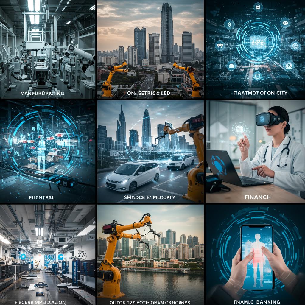 산업, 의료, 도시 인프라 등 다양한 분야에서 자동화 기술이 확산되는 글로벌 혁신 트렌드를 시각적으로 보여주는 장면