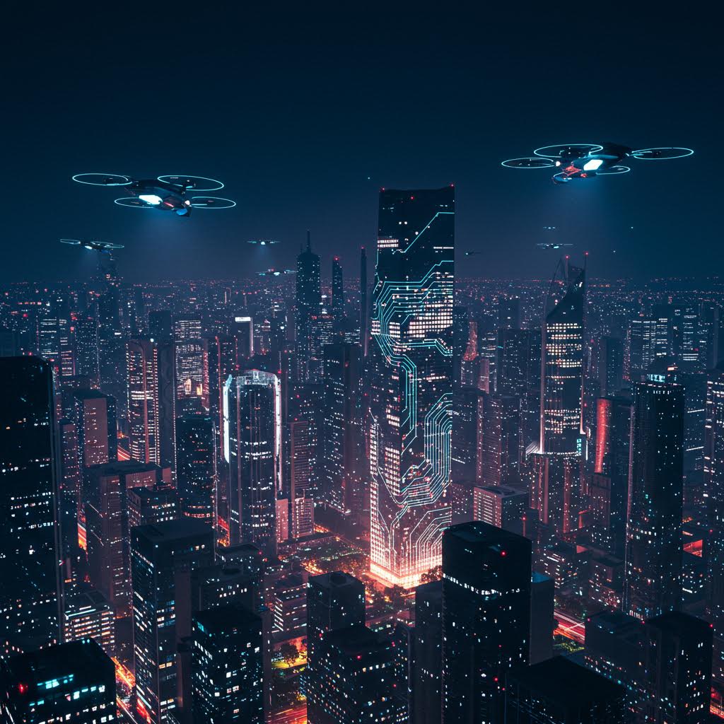 네온 불빛 가득한 도시 위로 드론이 날아다니며 인공지능 시스템의 새로운 패러다임을 상징하는 풍경