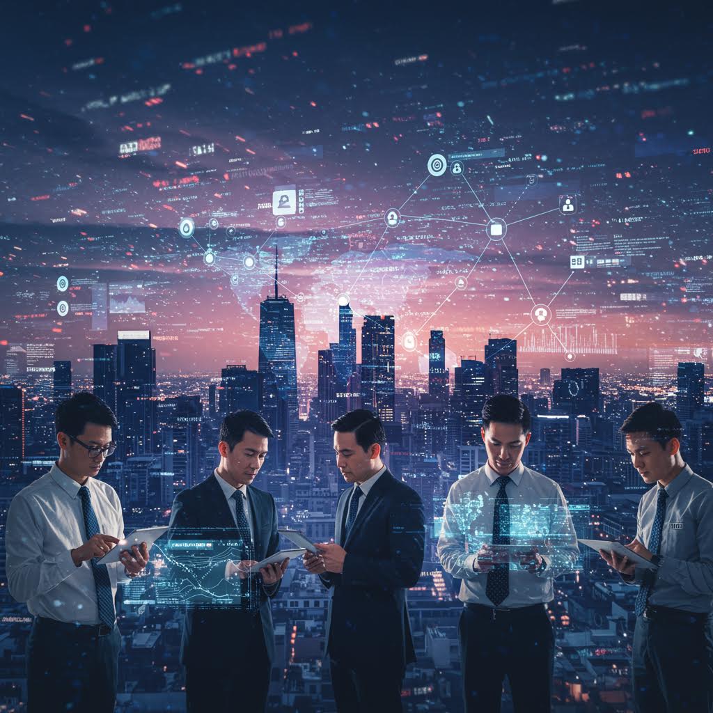 네 명의 인물이 증강현실 데이터 패널을 확인하며 산업 현장의 실시간 작업 흐름을 점검하는 순간