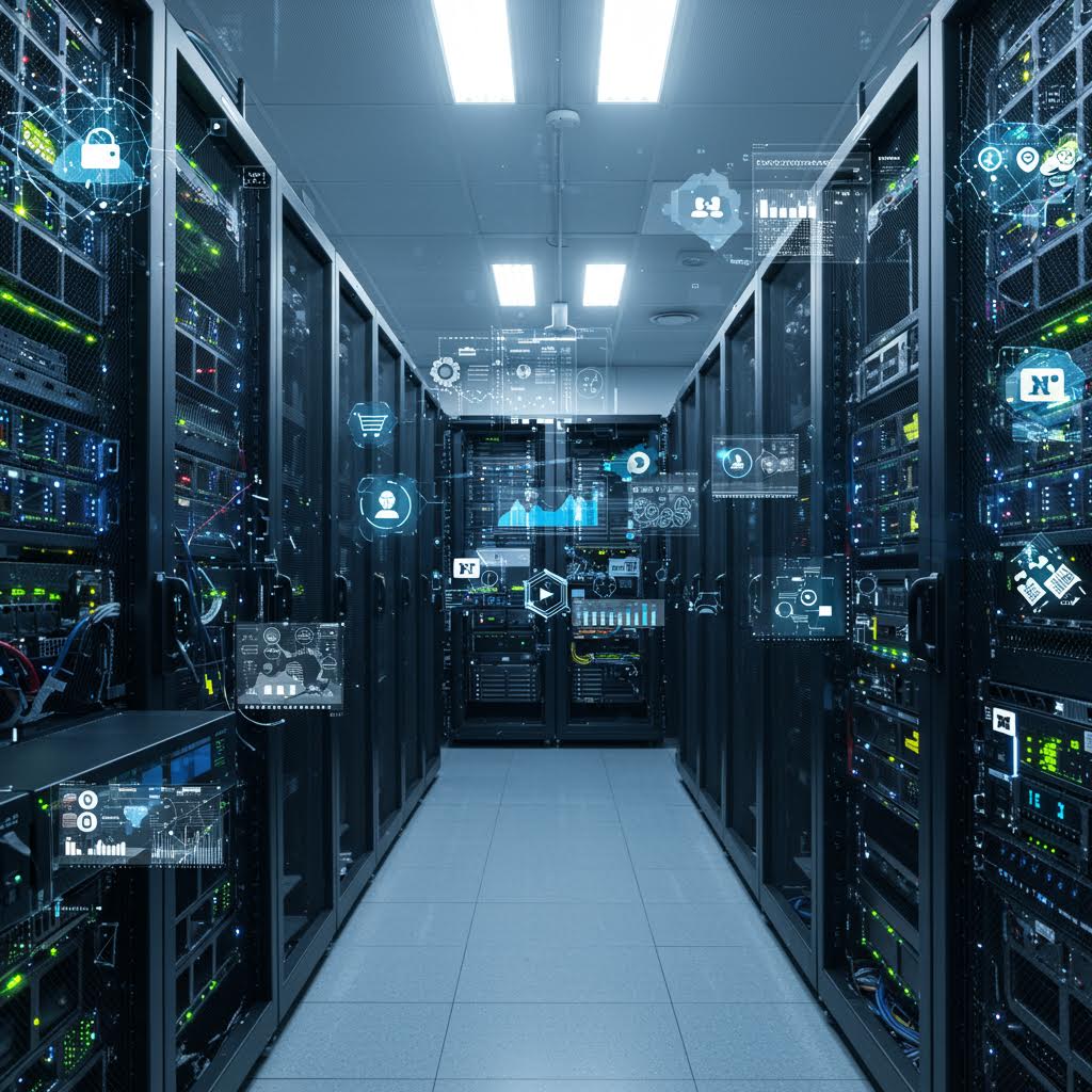 데이터 서버실 안에서 네트워크와 클라우드 아이콘이 부유하며 안정된 인프라 환경을 보여주는 모습