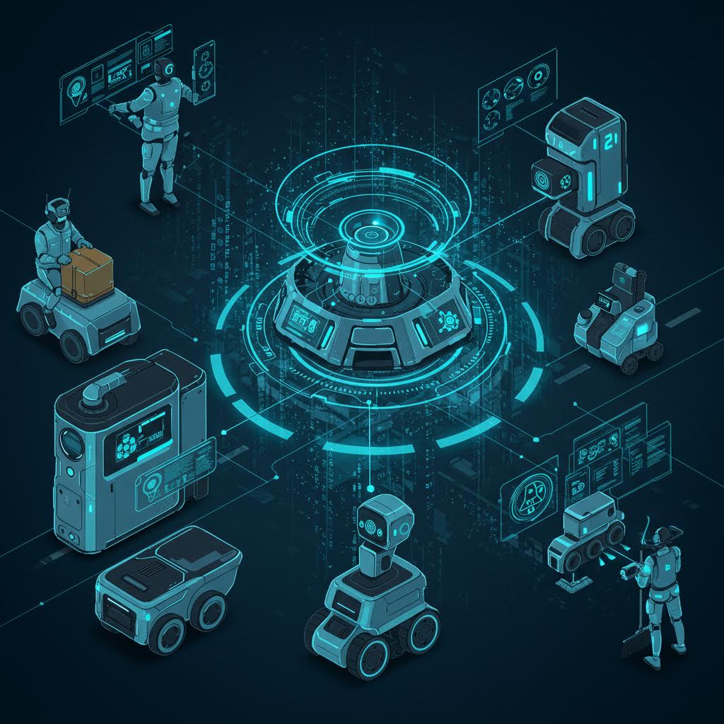 로봇과 드론이 디지털 허브를 중심으로 작동하며 물류 자동화 시스템이 운영되는 미래형 서비스 네트워크의 모습