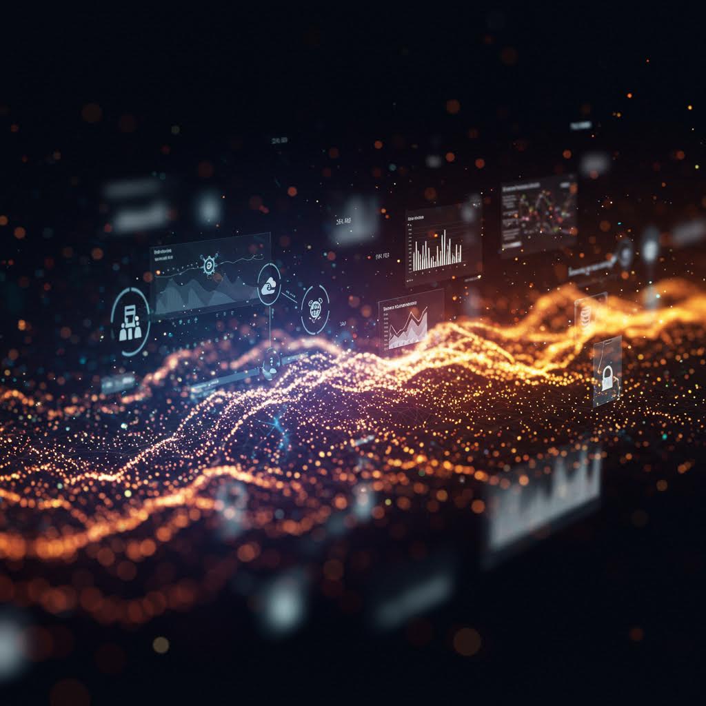 주황빛 데이터 흐름이 클라우드 환경 위로 확산되며 인공지능 분석의 역동성을 나타내는 장면