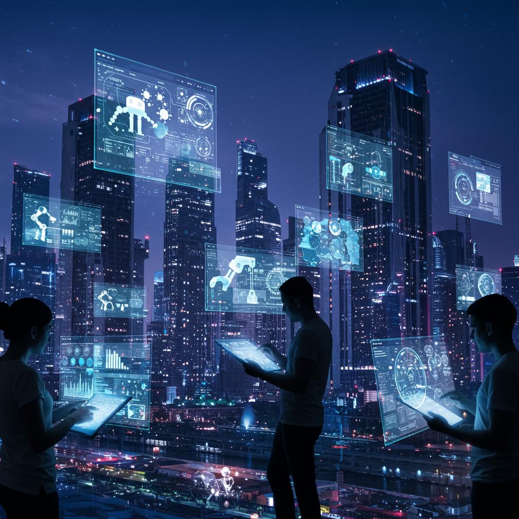 도시의 네온 불빛 아래 사람들과 홀로그램 데이터가 연결되어 소프트웨어와 자동화가 융합된 디지털 협업의 장면