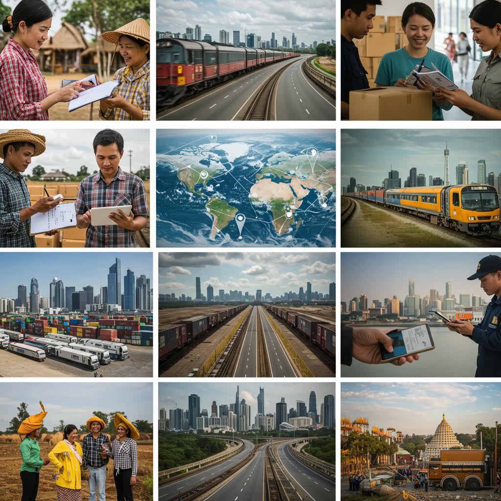 물류·운송·협업 등 다양한 산업 현장이 자동화 시스템으로 연결되어 개발과 생산의 혁신을 표현한 글로벌 변화의 장면