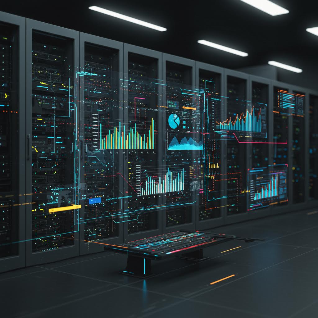 서버실 내부의 네온 조명 아래 데이터 그래프가 떠오르며 실시간 분석이 이루어지는 디지털 관제 환경의 모습