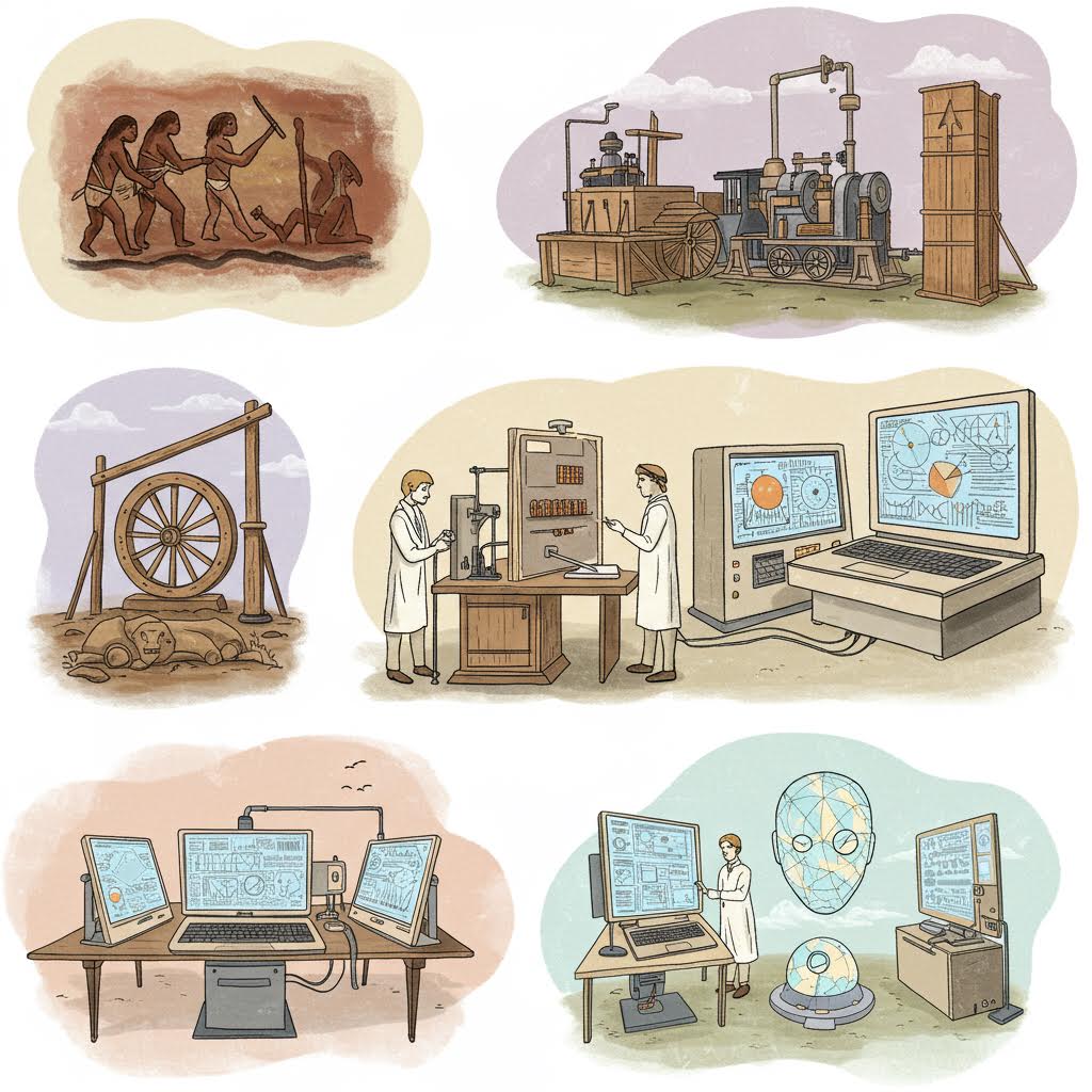 기술 진화가 도식화된 그림 속에서 인간의 도구와 시스템이 단계적으로 발전하는 흐름이 드러나는 상징적 장면