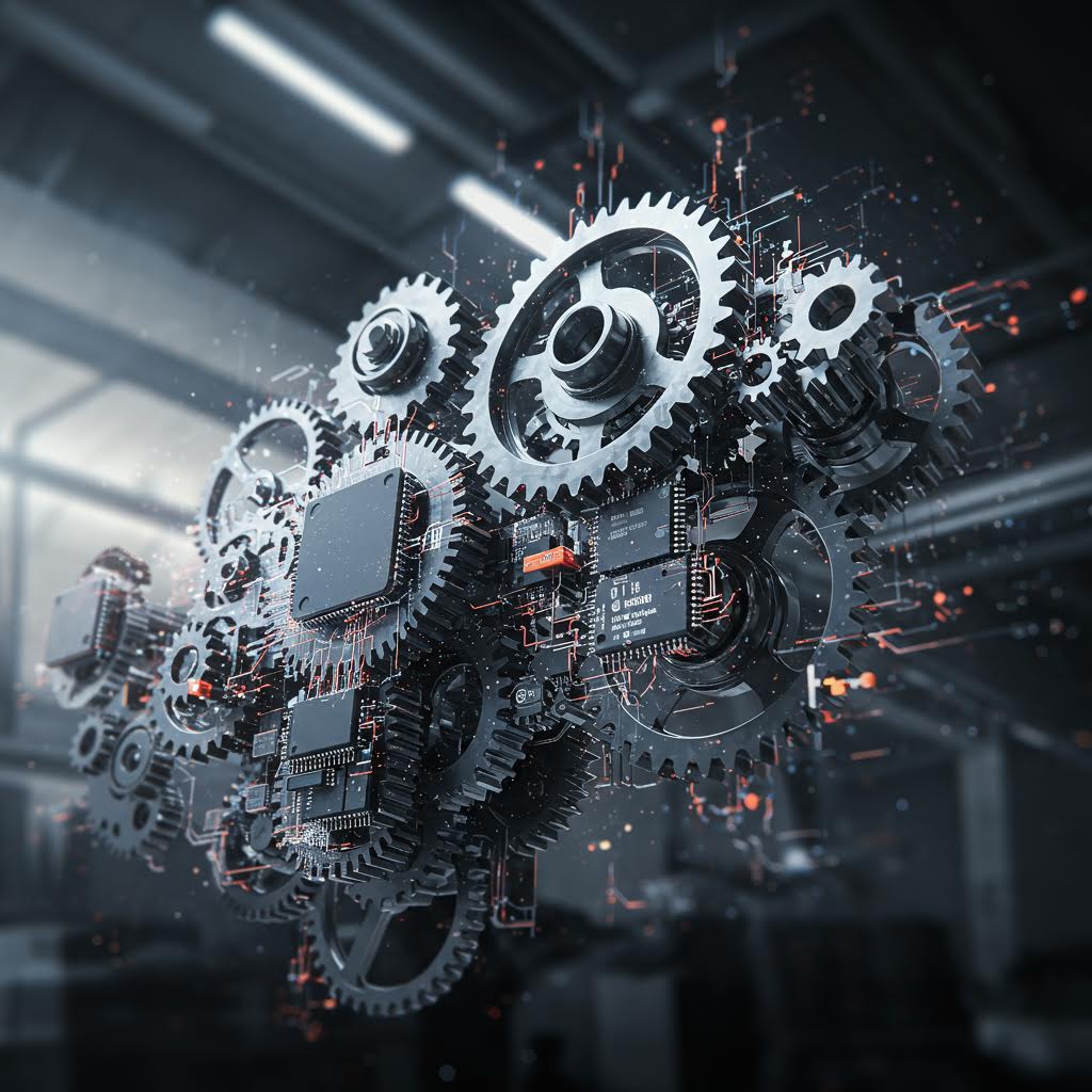 어두운 배경에 금속 톱니바퀴들과 회로 기판들이 복잡하게 맞물려 있는 3D 이미지. 빛과 입자들이 주변에 흩어져 있어 통합된 자동화 시스템이나 복잡한 기술 구조를 표현하고 있다.