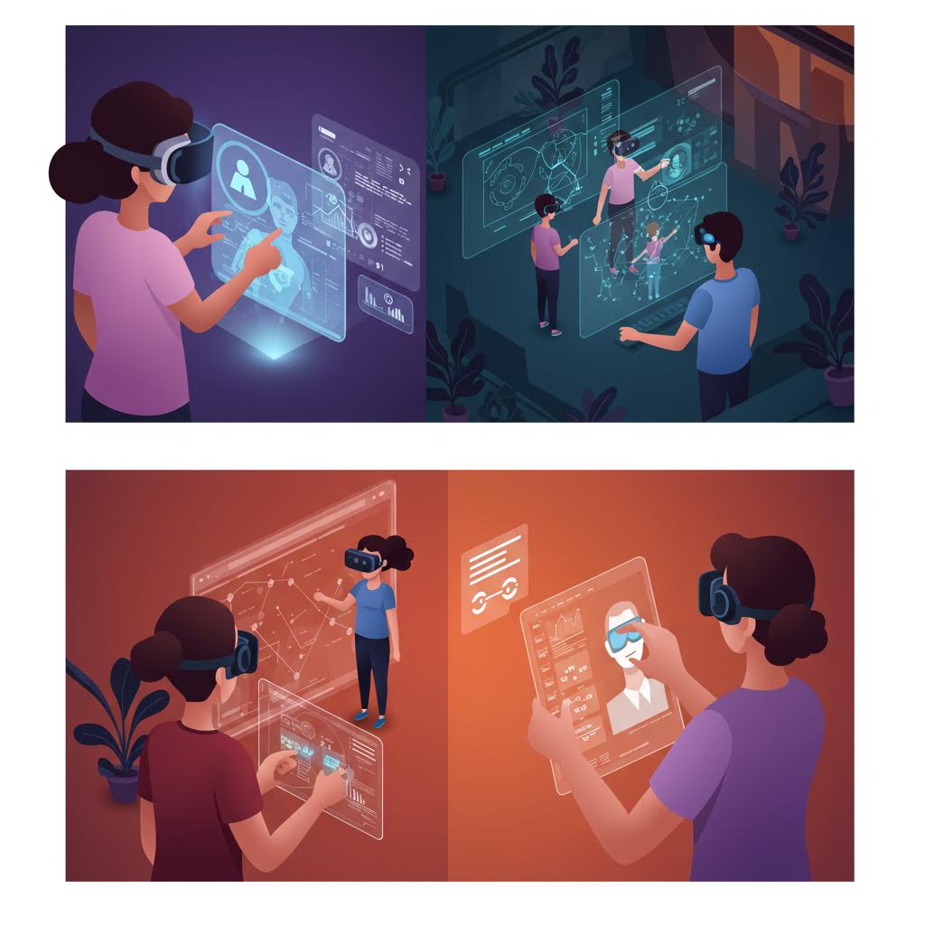 VR 헤드셋을 착용한 사람들이 가상 인터페이스를 조작하며 디지털 공간 속에서 상호작용하는 미래 사용자 경험의 순간