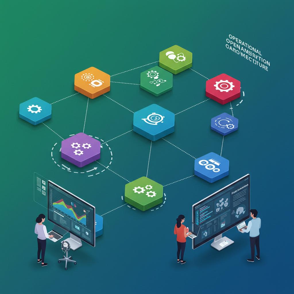 녹색 배경에 아이소메트릭 스타일의 마이크로서비스 다이어그램. 다양한 색상의 육각형 아이콘들이 네트워크로 연결되어 있고, 하단에는 사람들이 화면 앞에서 작업하는 모습이 있어 마이크로서비스 아키텍처를 보여주고 있다.