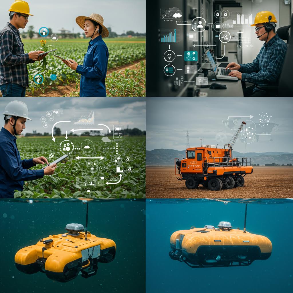 6개의 농업 및 산업 자동화 관련 이미지 그리드. 농부들이 태블릿을 사용하는 모습, 공장 내 디지털 인터페이스, 스마트 농업 설비, 노란색 자율 주행 로봇들 등 현대 농업과 산업의 자동화를 보여주고 있다.