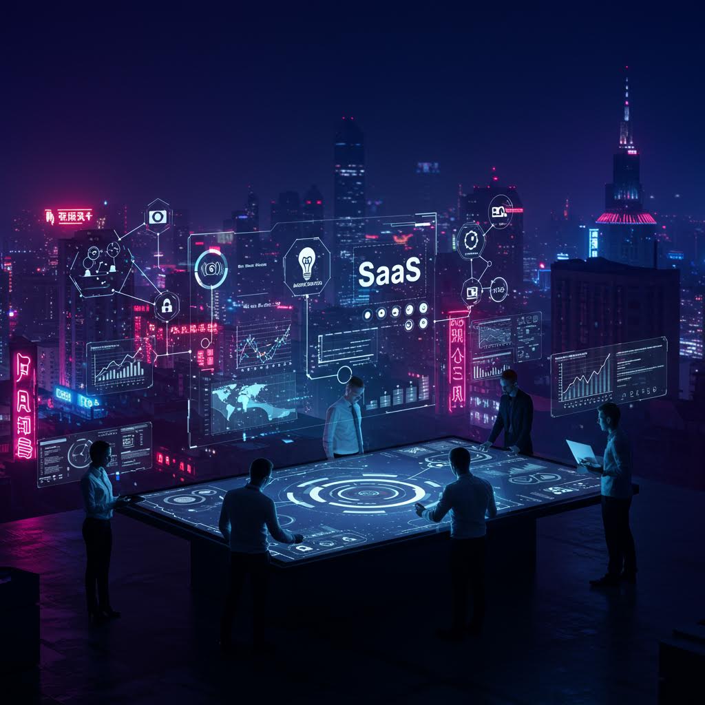 어두운 배경에 분홍색과 청록색 네온 빛으로 빛나는 미래형 도시 야경. 중앙에 'SaaS' 텍스트가 크게 표시되어 있고, 주변으로 다양한 디지털 인터페이스와 아이콘들이 홀로그램처럼 떠 있어 SaaS 비즈니스 환경을 시각화하고 있다.