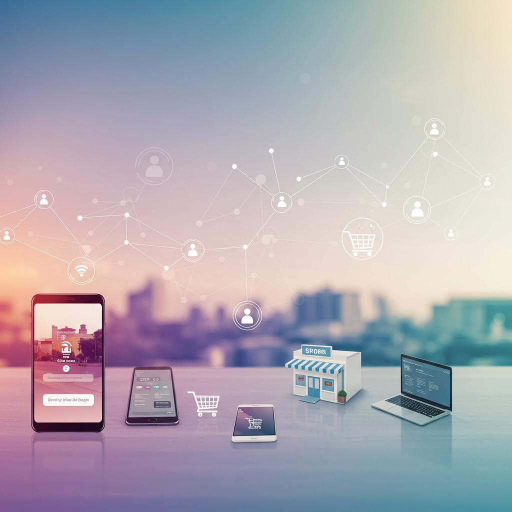 파스텔 톤 배경에 스마트폰, 노트북, 태블릿 등 다양한 디바이스들이 떠 있고, 그 위로 자물쇠와 사람 아이콘들이 흩어져 있다. 흐릿한 도시 배경과 함께 옴니채널 보안과 웹 연결성을 표현하고 있다.