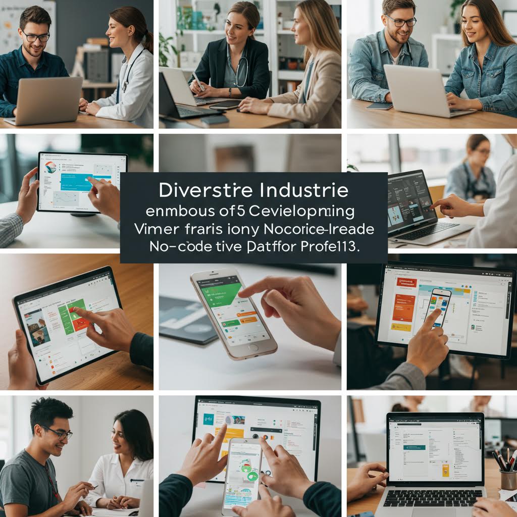 9개의 비즈니스 미팅과 협업 장면 이미지 그리드. 중앙에 'Diverste Industries' 텍스트가 있으며, 노트북을 사용하며 회의하고, 차트를 검토하며, 태블릿으로 작업하는 등 다양한 업무 환경을 보여주고 있다.