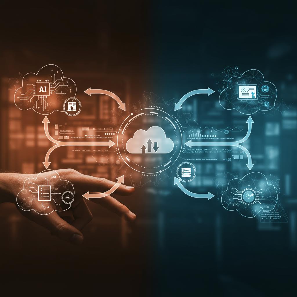 두 손이 마주보며 홀로그램 인터페이스를 만들어내는 이미지. 왼쪽은 주황색, 오른쪽은 청록색 빛으로 구분되어 있고, 중앙에는 클라우드와 다양한 아이콘들이 연결되어 있어 디지털 협업과 클라우드 컴퓨팅을 표현하고 있다.