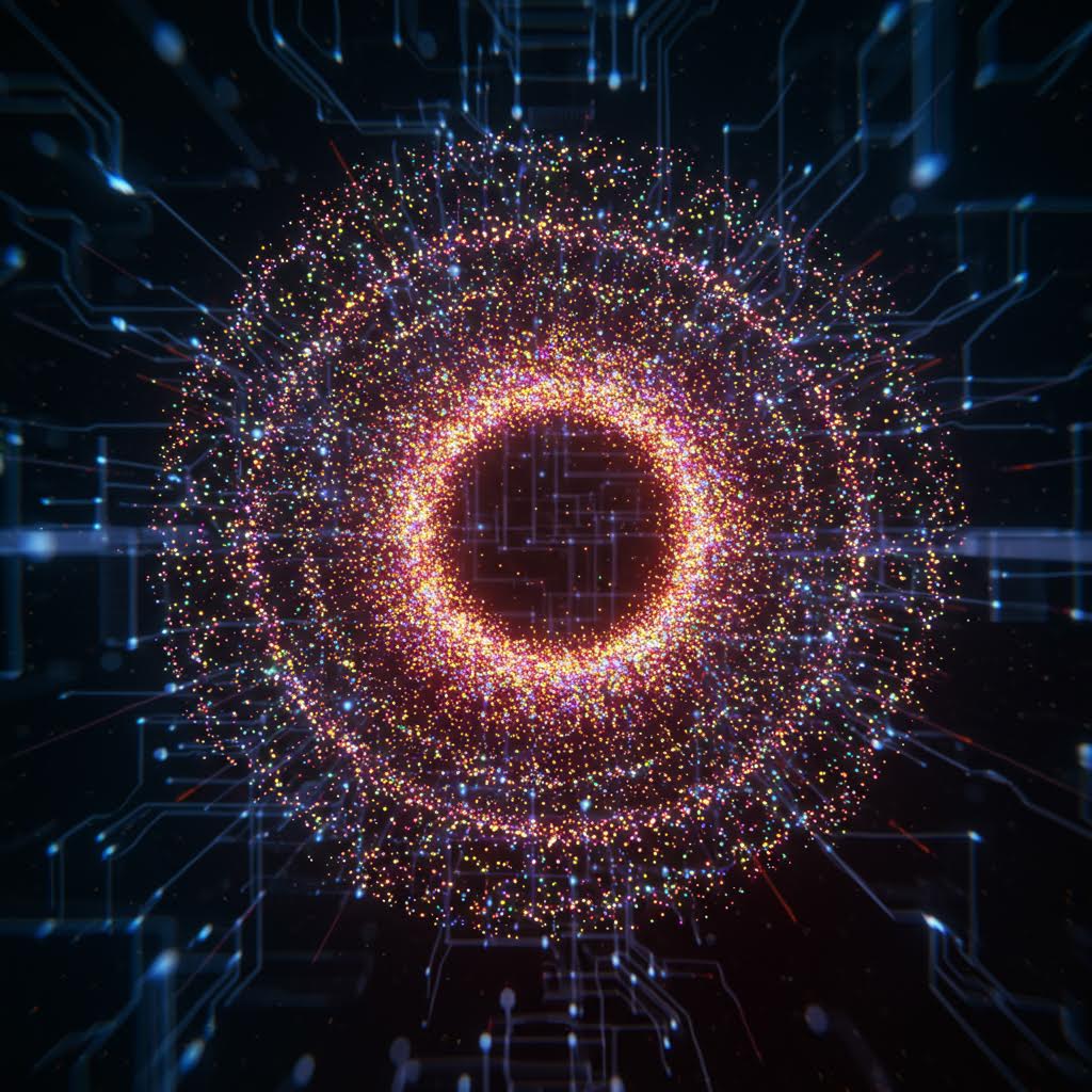 어두운 배경에 주황색과 분홍색 입자들로 이루어진 원형 소용돌이. 중앙이 검은 홀처럼 보이며, 주변으로 데이터 포인트들이 소용돌이치듯 흐르고 있어 빅데이터나 AI의 순환을 시각화하고 있다.