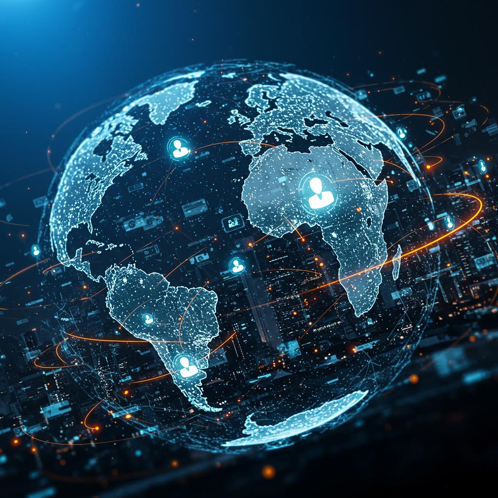 어두운 배경에 청록색 빛으로 표현된 지구본. 네트워크 선들이 대륙을 연결하고 있으며, 주변으로 데이터 포인트들이 떠 있어 글로벌 네트워크와 연결성을 표현하고 있다.