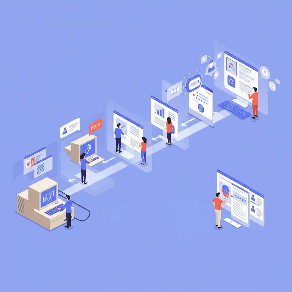 파란색 배경에 아이소메트릭 스타일로 표현된 데이터 플로우 다이어그램. 여러 명의 작은 사람들이 화면과 서버, 보안 시스템 등 다양한 디지털 요소들 사이에서 작업하는 모습을 보여주고 있다.