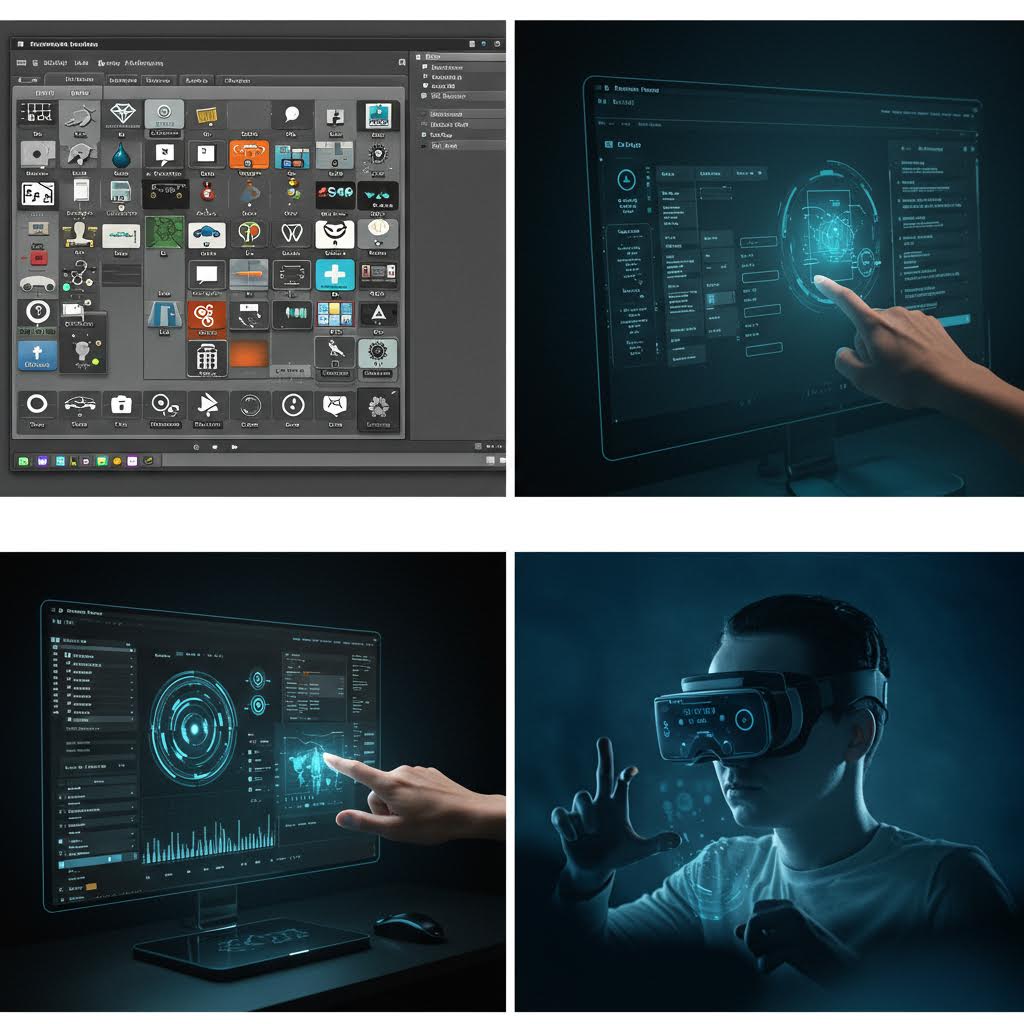터치스크린과 가상 패널이 결합된 인터페이스 화면이 디지털 작업 환경의 진화를 보여주는 몰입형 기술의 장면