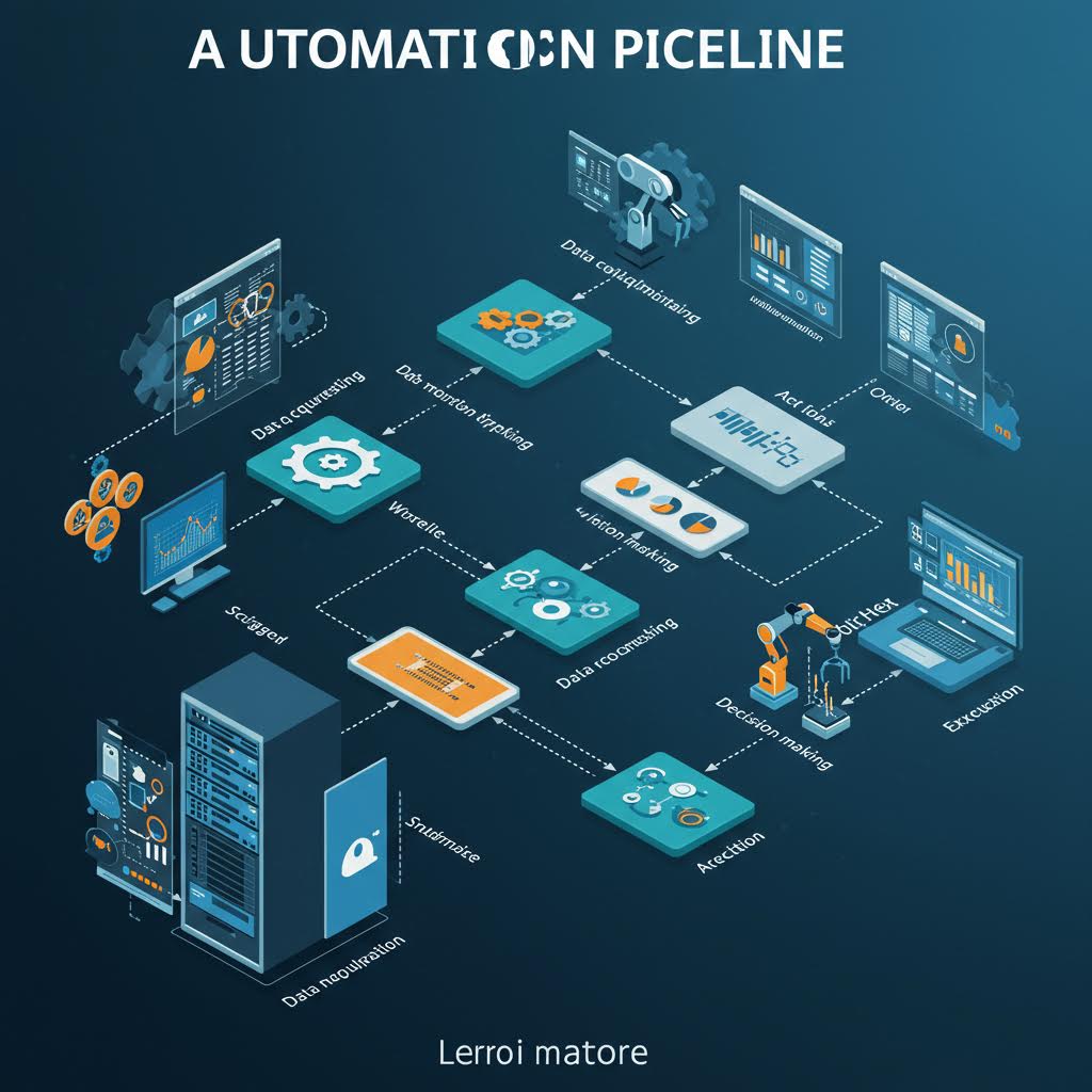 'AUTOMATION PICELINE' 제목이 있는 어두운 배경의 3D 아이소메트릭 인포그래픽. 다양한 자동화 프로세스 단계들이 로봇 팔, 모니터, 데이터 패널 등으로 연결되어 있어 자동화 파이프라인을 시각화하고 있다.