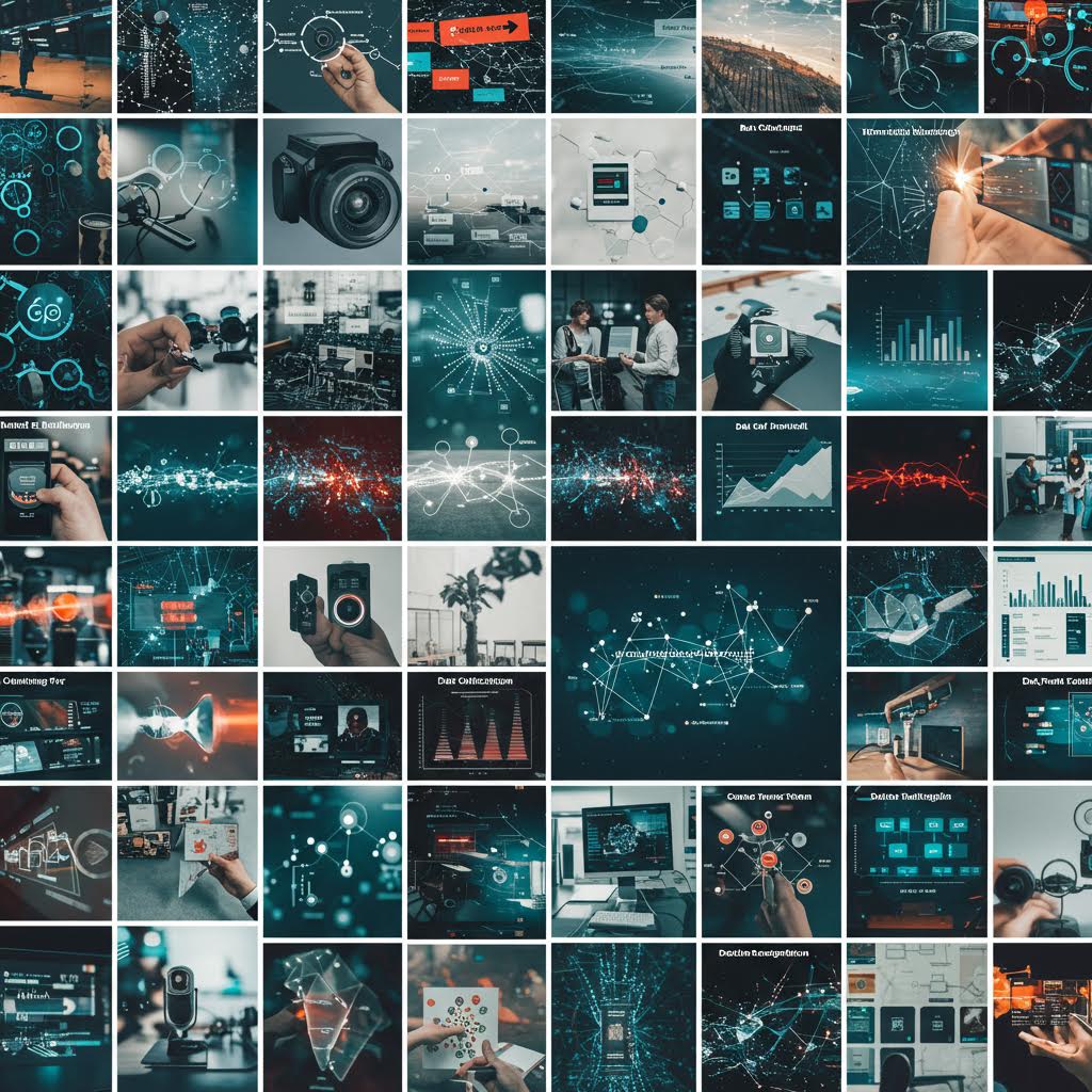 64개의 작은 이미지로 구성된 대형 그리드. 데이터 시각화, 사람들의 협업, 디지털 인터페이스, 차트, 기술 관련 장면들이 청록색 톤으로 통일되어 다양한 데이터와 비즈니스 활동을 보여주고 있다.