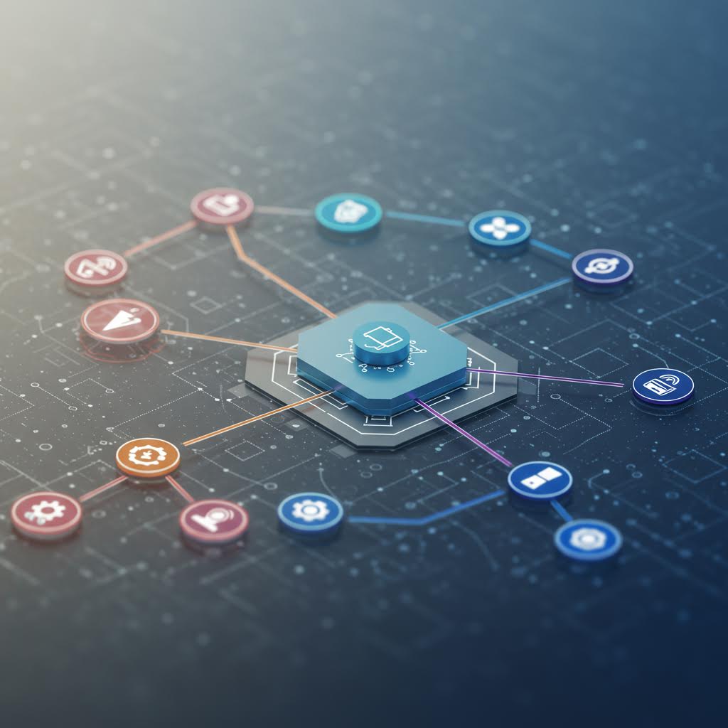 3D 건물 구조물이 스마트폰 위에 떠 있는 이미지. 건물 주변으로 다양한 색상의 아이콘들이 네트워크로 연결되어 있어 스마트 빌딩이나 IoT 통합 시스템을 시각화하고 있다.