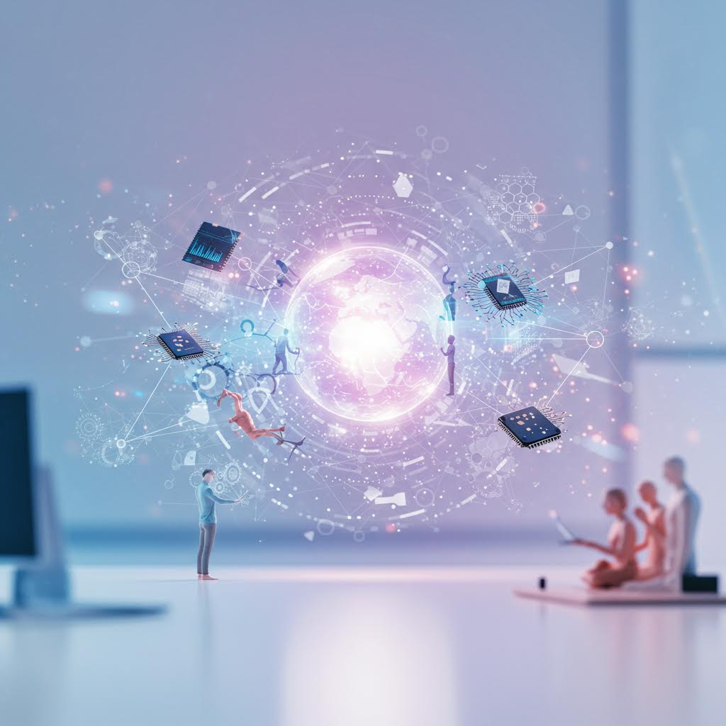 밝은 방 안에서 손이 홀로그램 구체를 조작하는 모습. 구체 주변으로 다양한 아이콘들과 디지털 요소들이 떠 있고, 분홍색과 파란색 빛이 어우러져 미래형 디지털 인터페이스를 보여주고 있다.