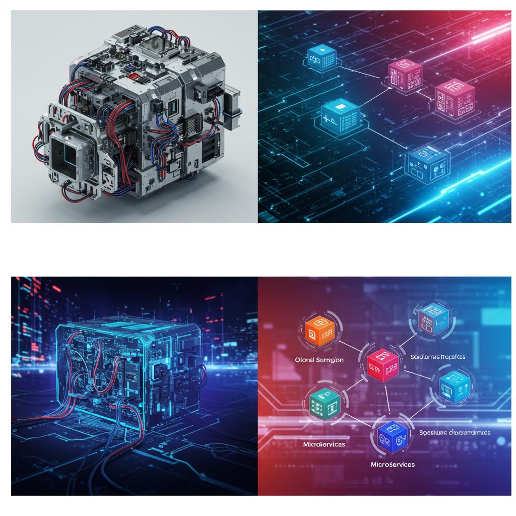 4개의 첨단 기술 관련 이미지 그리드. 왼쪽 상단에는 복잡한 카메라 모듈, 오른쪽 상단에는 네온 빛의 칩 이미지, 하단에는 청록색과 분홍색 큐브들이 있는 미래형 기술 시각화 이미지들이 담겨 있다.