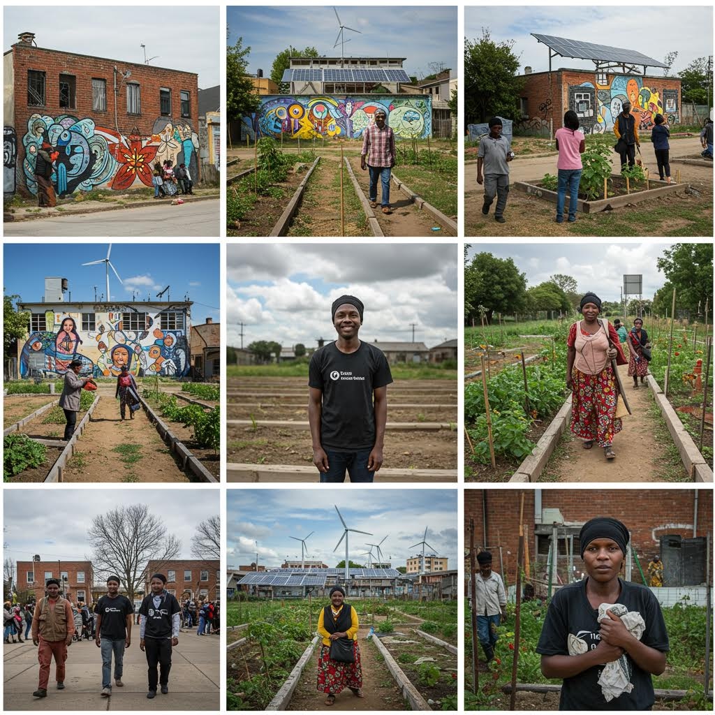 도시 벽면에 그려진 그래피티나 벽화, 태양광 패널과 풍력 발전기가 있는 건물, 그리고 사람들이 밭을 가꾸는 도시 공동체 정원의 모습이 담겨 있습니다. 이는 도시 농업, 지역 사회 활성화, 그리고 지속 가능한 도시 생활 및 환경 개선 노력을 시각적으로 보여줍니다.