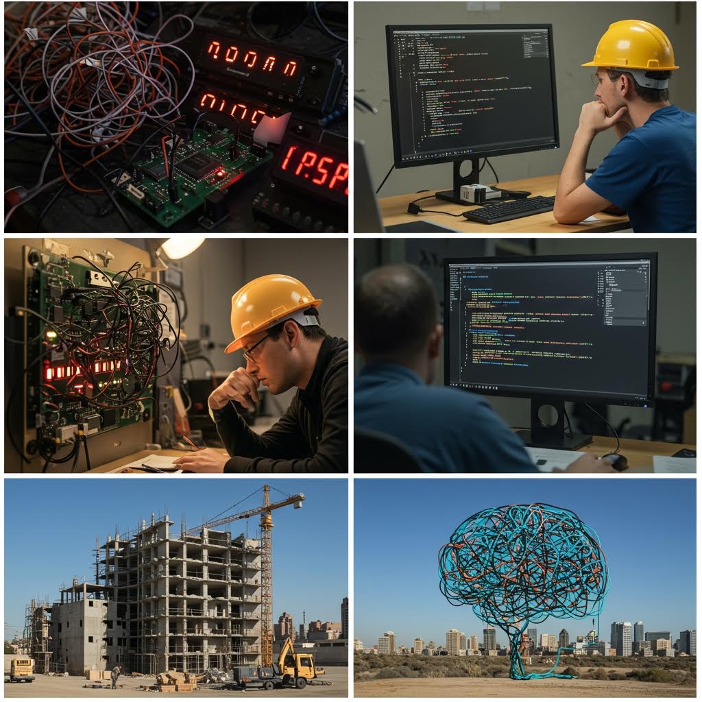 제어 장비와 코드 화면을 살피는 작업자들이 산업 현장과 사무 환경을 오가며 기술 요소를 점검하는 순간들로 구성된 배열