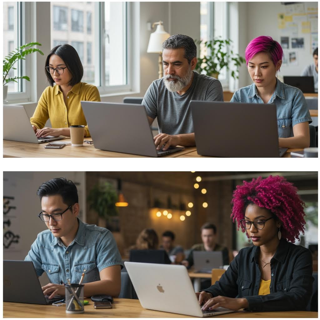 서로 다른 배경을 가진 사람들이 노트북으로 작업하며 현대적 협업 환경을 보여주는 순간