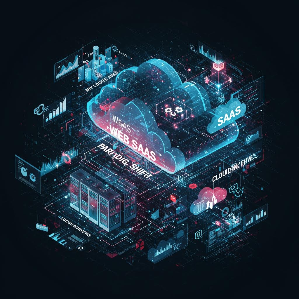 클라우드와 SaaS 요소가 중첩된 디지털 플랫폼 구조가 입체적으로 표현된 기술 비전 장면