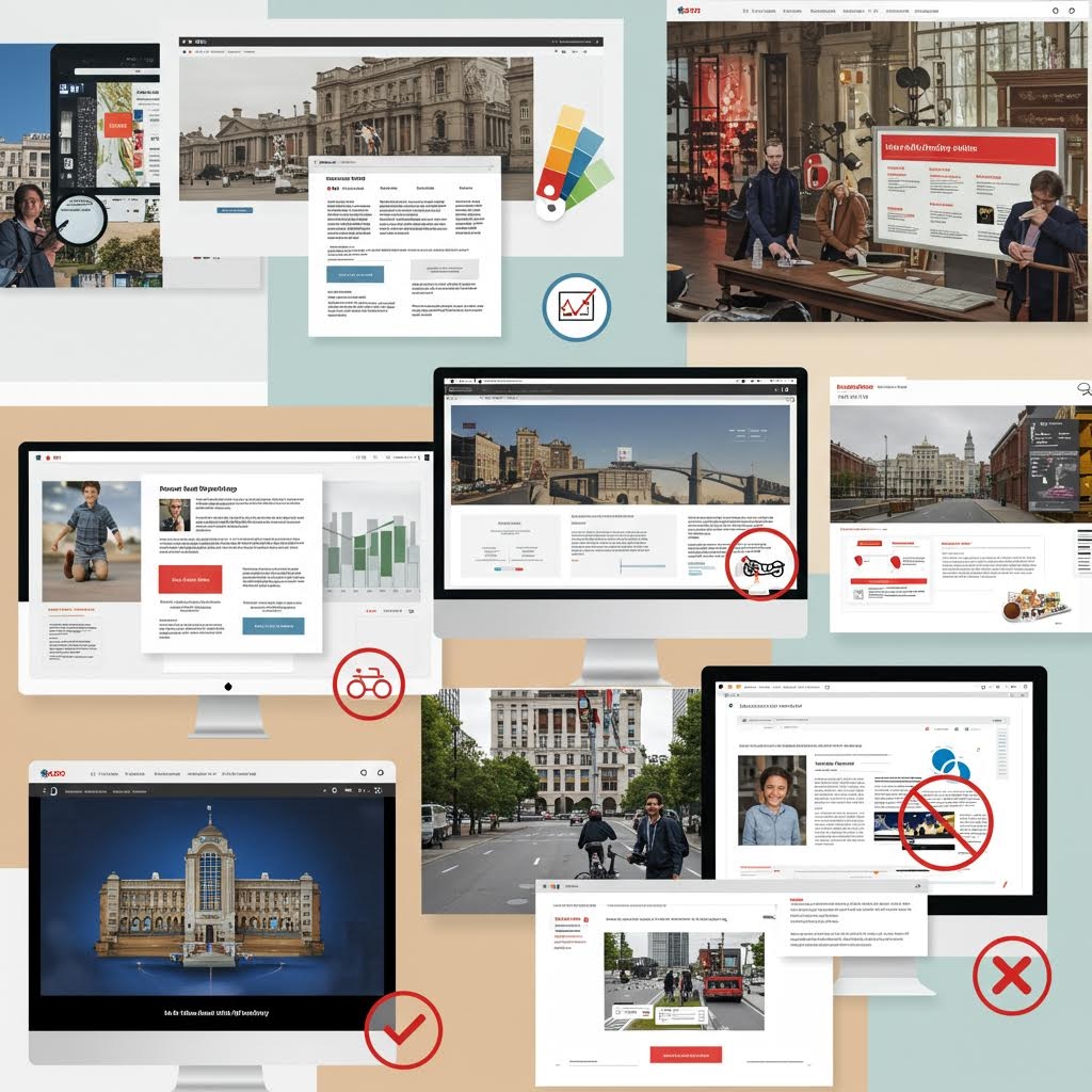 여러 대의 컴퓨터 모니터와 모바일 화면을 혼합한 복잡한 콜라주 이미지. 각 화면에는 웹사이트 디자인 시안, 데이터 대시보드, 콘텐츠 레이아웃, 그리고 UX(사용자 경험) 관련 체크 표시와 X 표시가 혼재되어 있습니다. 이는 사용자 중심 설계(UX/UI) 방법론의 확장과 복잡한 웹 인터페이스 디자인 및 검토 과정을 시각적으로 보여줍니다.