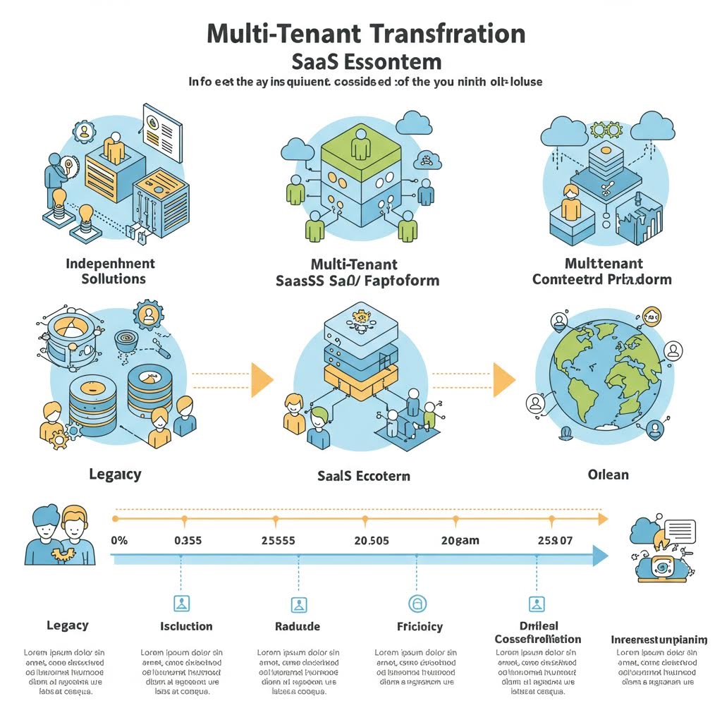 여러 단계의 SaaS 구성 요소를 도식화한 일러스트가 흐름도 방식으로 배치된 구조적 설명 화면