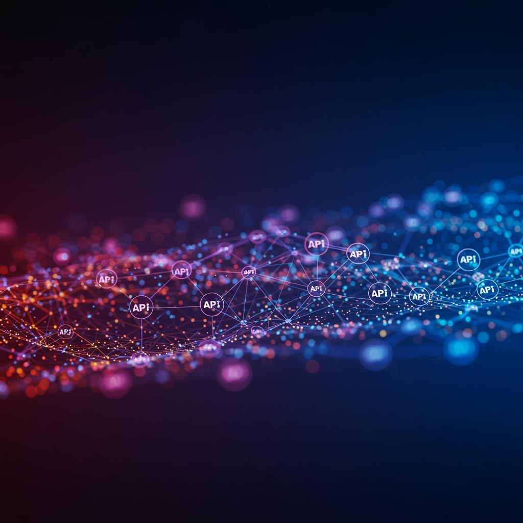 청홍빛 입자들이 실선 구조를 따라 퍼지며 다층 네트워크가 어둑한 공간에서 유동적으로 이어지는 흐름