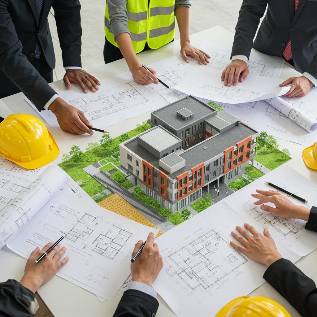 여러 전문가들(정장 차림과 안전 조끼를 입은 사람 포함)이 테이블 위에 펼쳐진 건축 설계도면을 둘러싸고 논의하는 모습의 고각 사진. 테이블 중앙에는 현대적인 다층 건물의 3D 홀로그램 렌더링 이미지가 녹지 위에 투사되어 있어, 건설 프로젝트의 협업 및 설계 검토 과정을 시각적으로 보여줍니다.