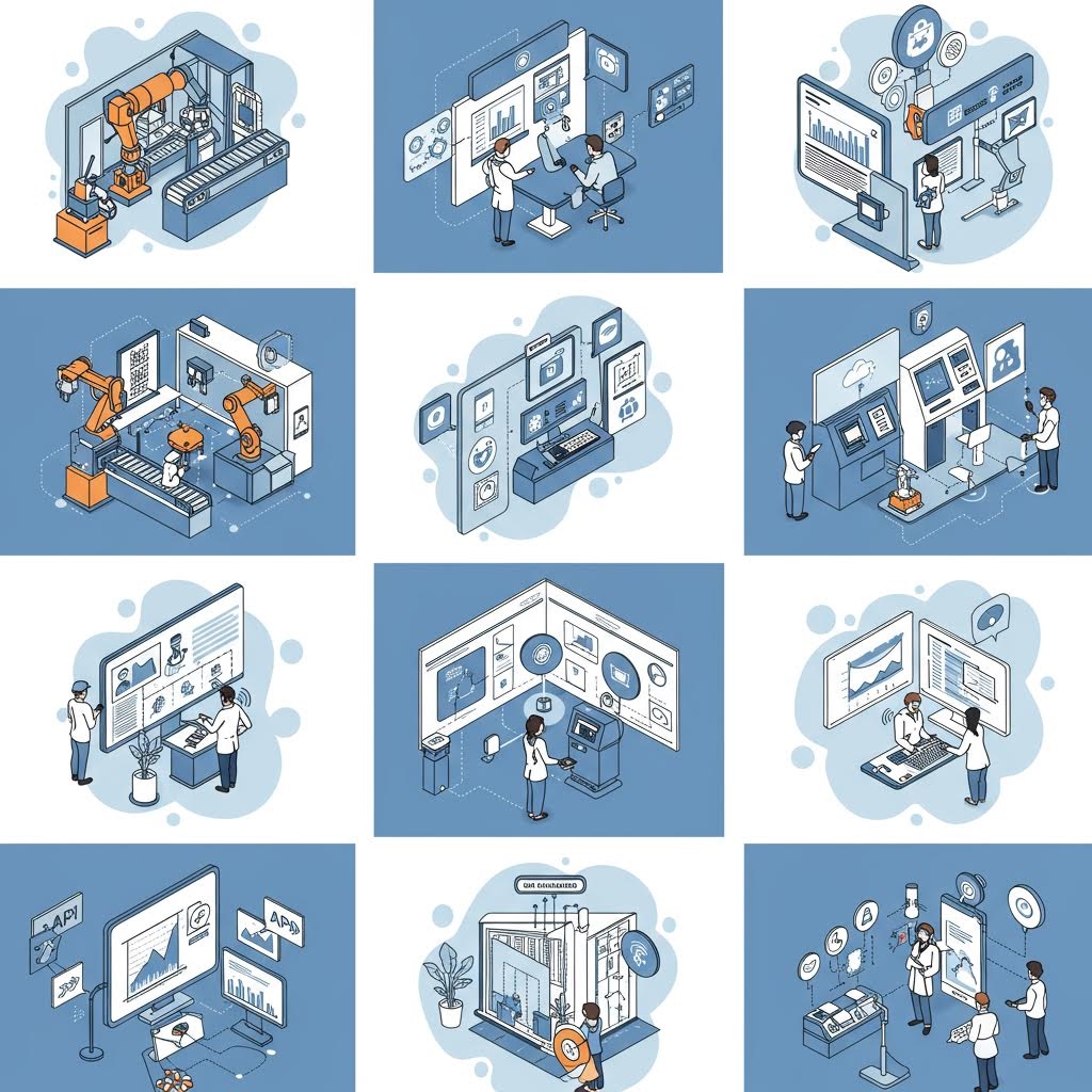 산업 공정을 단계별로 정리한 일러스트 모듈들이 기술 흐름을 시각적으로 보여주는 배열