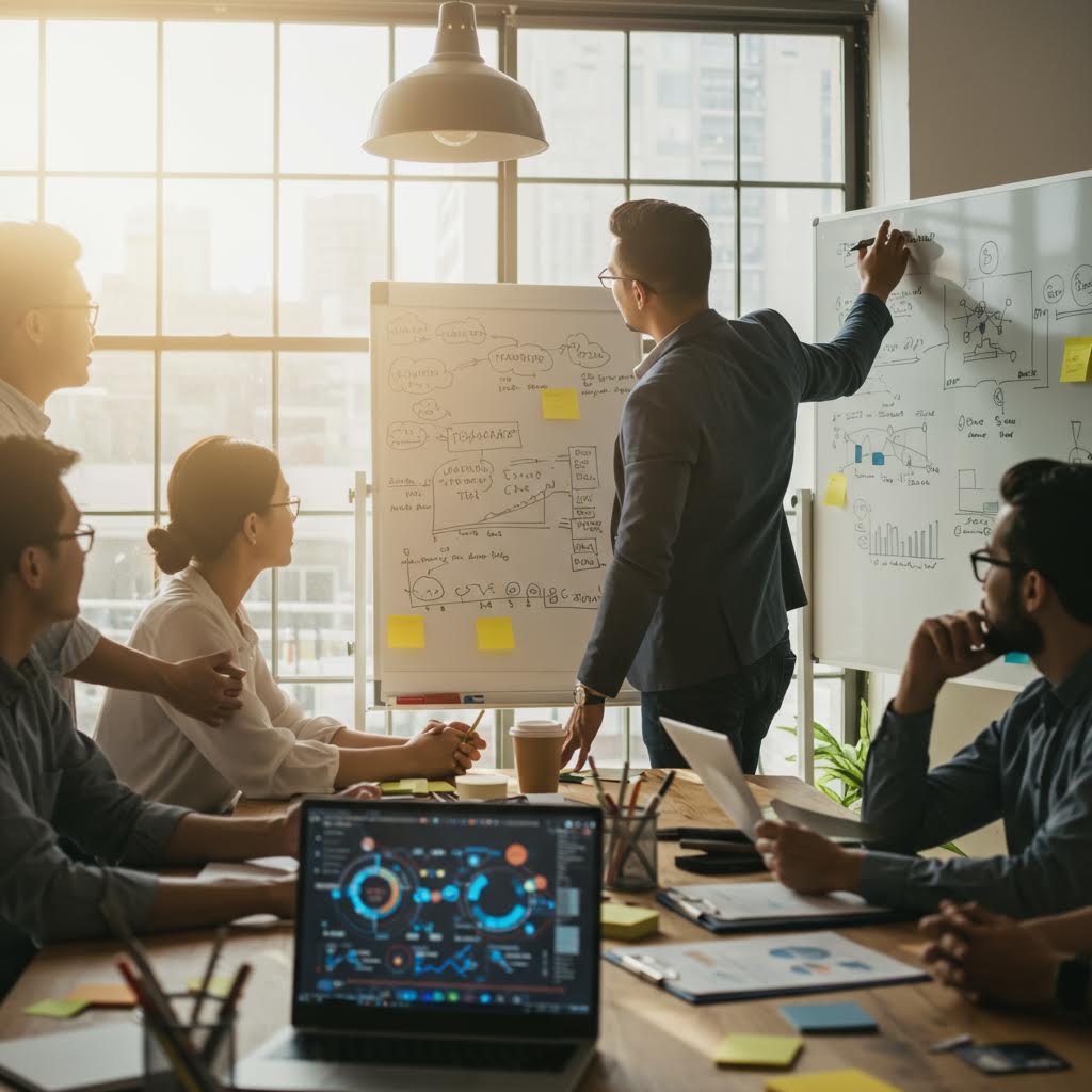 화이트보드 앞에서 전략을 설명하는 인물이 팀원들과 함께 자료를 검토하며 창가 너머 빛과 맞물린 회의 장면