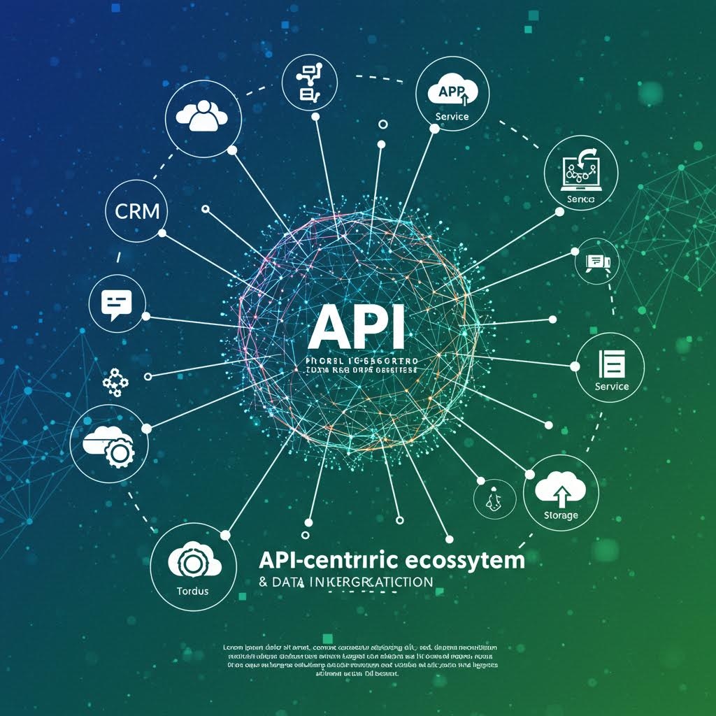 API를 중심으로 다수의 기능 아이콘이 방사형으로 연결된 생태계 구조 그래픽