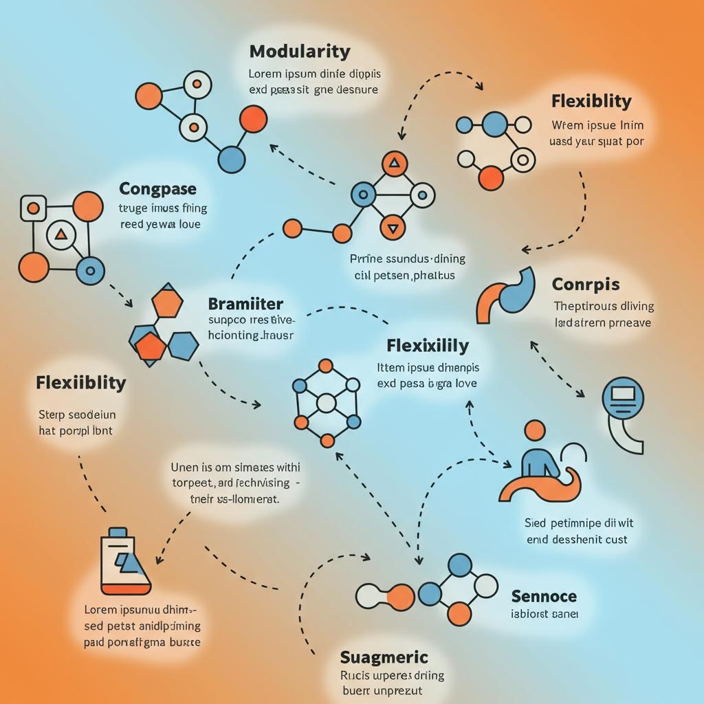 모듈성과 유연성을 상징하는 아이콘들이 연결 선을 따라 얽히며 개념적 체계를 시각적으로 풀어낸 구성