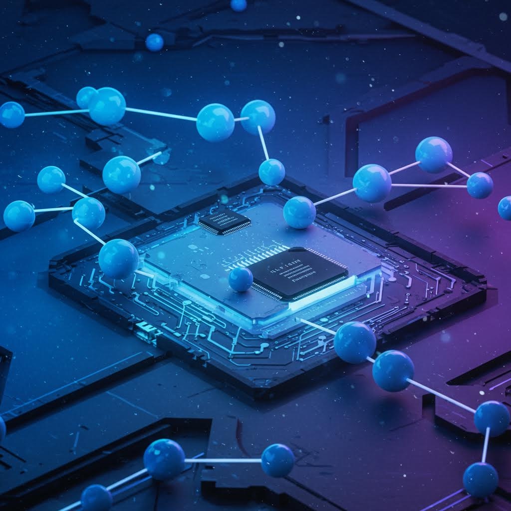 반도체 칩을 중심으로 분자 구조가 얽혀 기술 기반 연결성이 강조된 미래형 이미지