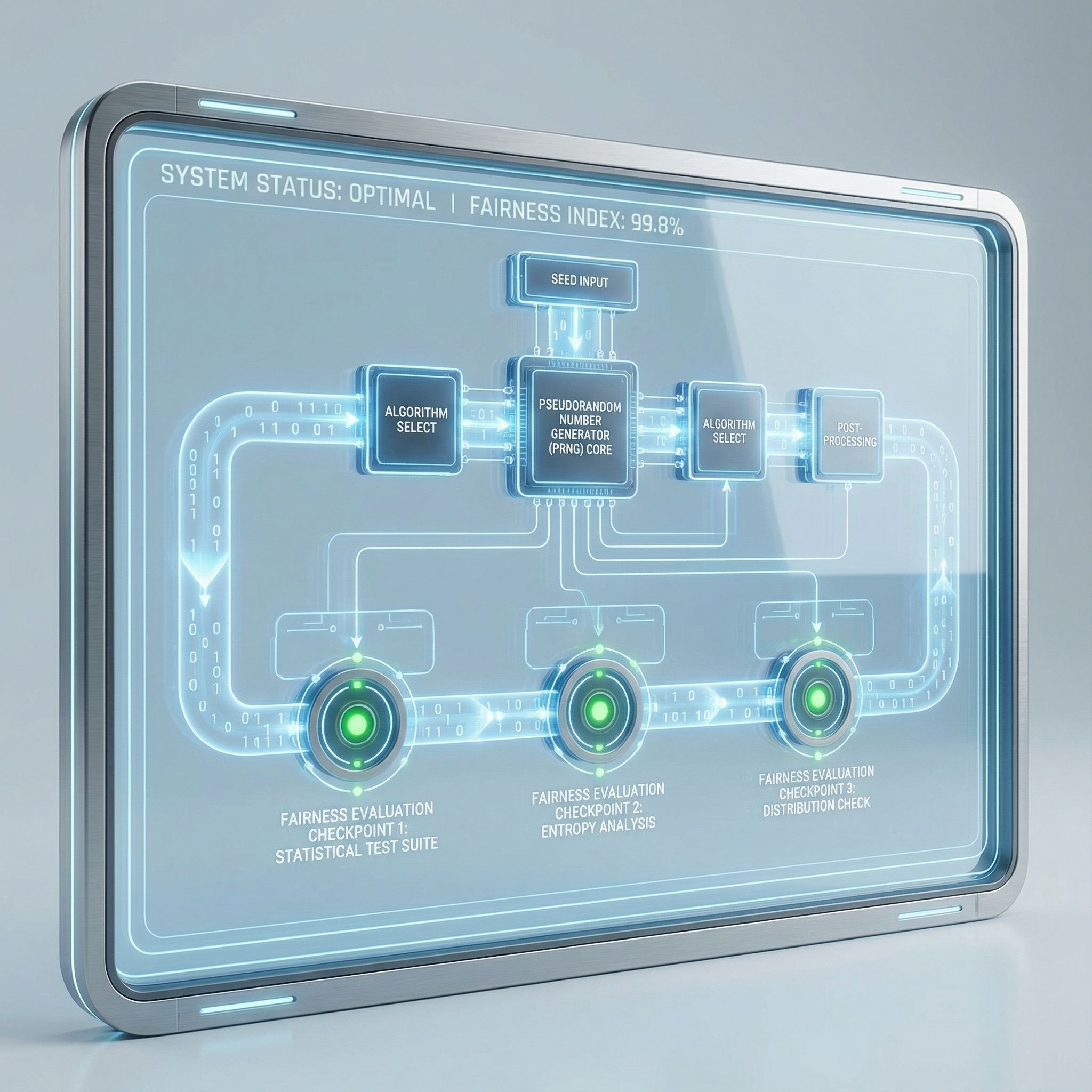 중립색 UI 배경에 회로 블록과 이진수 흐름, 공정성 체크포인트가 강조된 RNG 구조도인 모습이다