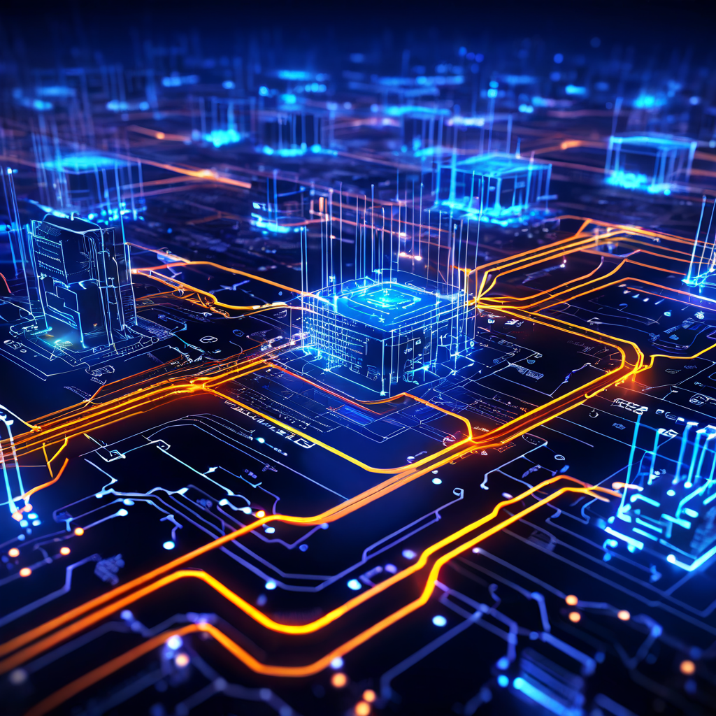 청록색 데이터 큐브들이 빛나는 회로의 노드들을 통과하는 미래적인 모습이다.